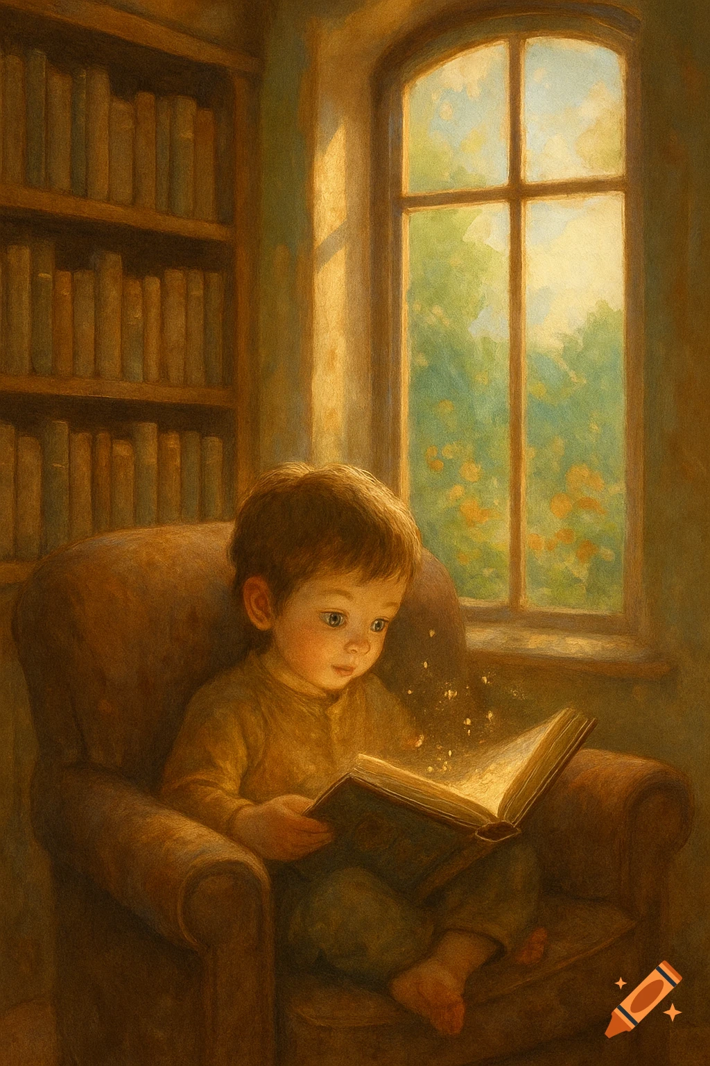 A painting of a young child in an armchair, reading a glowing book by a sunlit window with a bookshelf in the background.