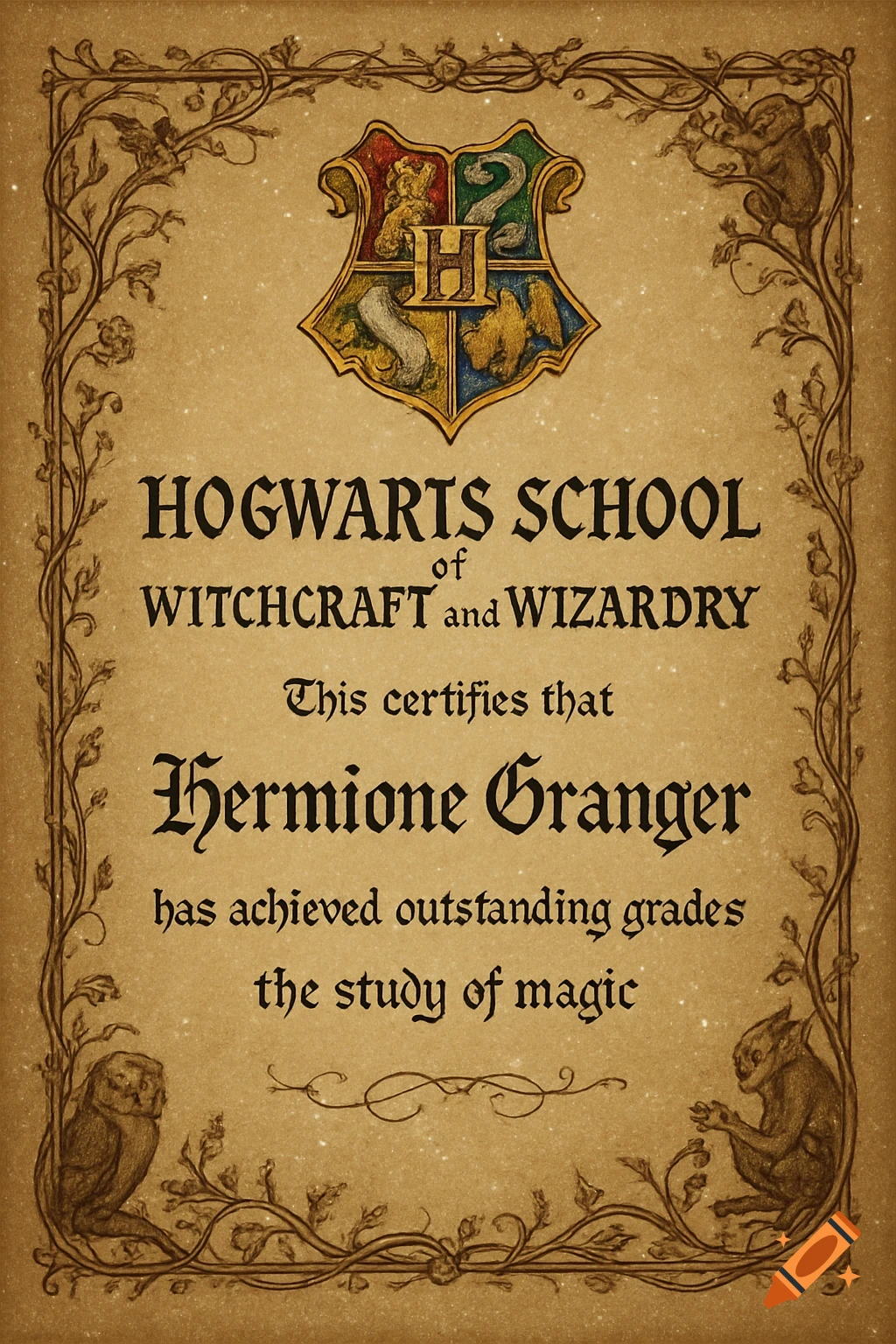 A vintage-style Hogwarts School certificate on parchment paper for Hermione Granger, featuring the Hogwarts crest and ornate borders.