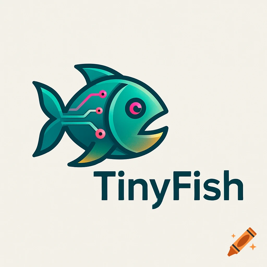 A modern, tech-savvy logo features a teal and gold fish with magenta circuit lines on its body, above the word TinyFish.