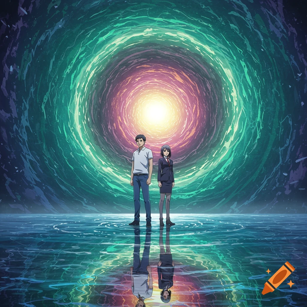 Anime style image of a man and woman standing on reflective water before a vibrant, swirling time-space vortex.