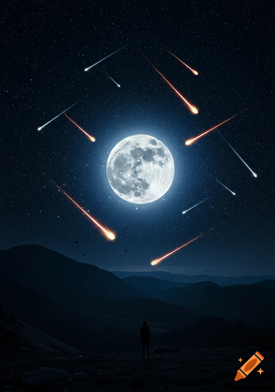 A person stands on a mountain looking at a bright full moon and numerous glowing meteors streaking across a star-filled night sky.