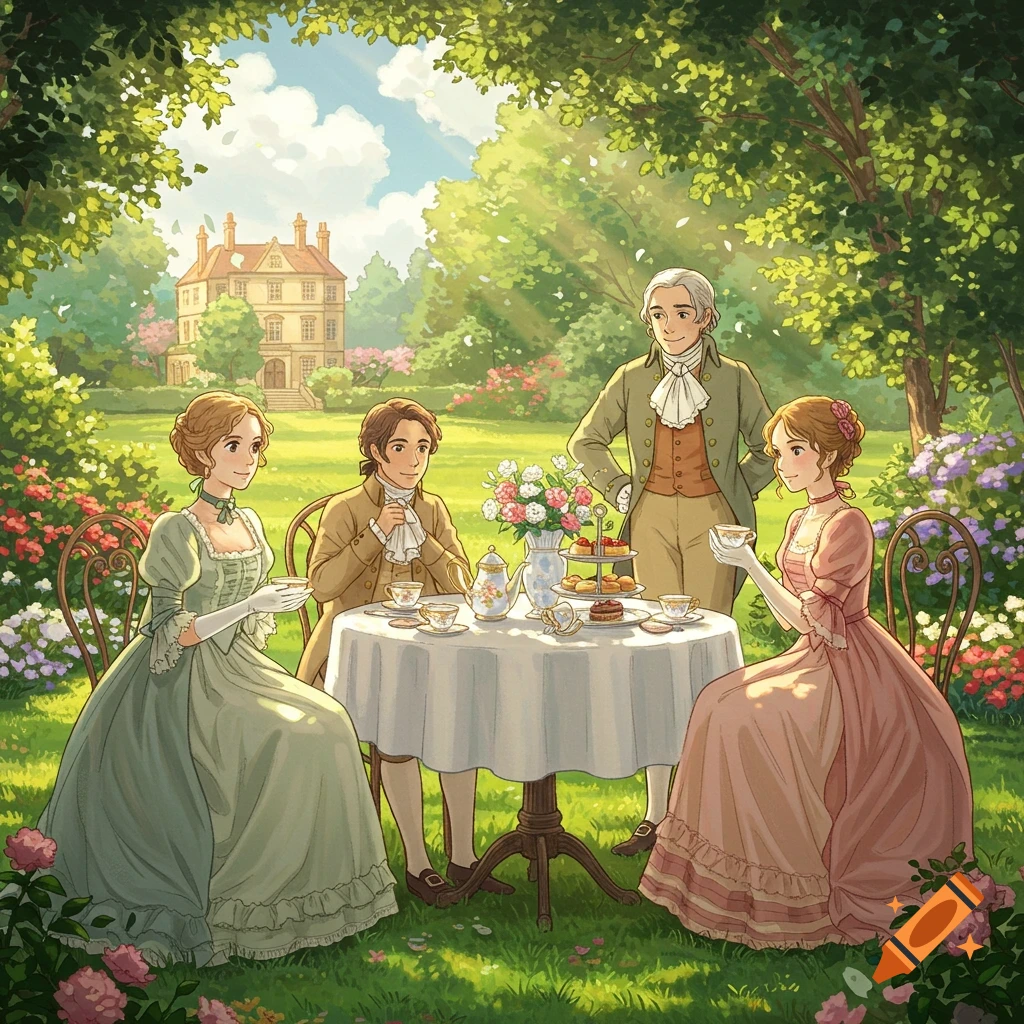 Four people in Regency-era attire enjoy an outdoor tea party in a lush garden with a mansion, in Studio Ghibli anime style.