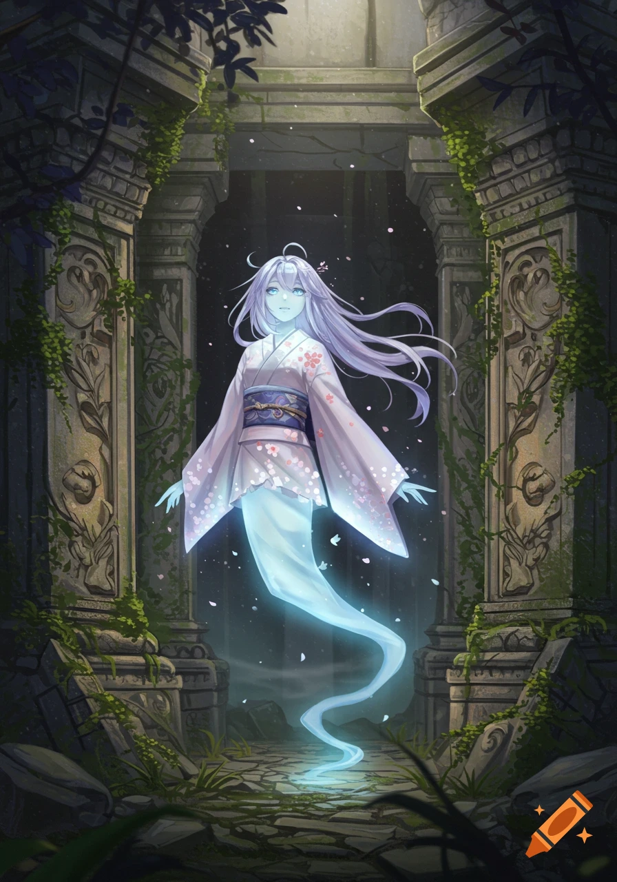 Anime ghost girl with flowing purple hair and a kimono, glowing within ancient, vine-covered ruins.