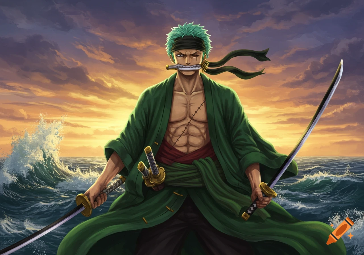 Anime character Zoro stands in the ocean at sunset, holding two swords and one in his mouth, wearing a green kimono.