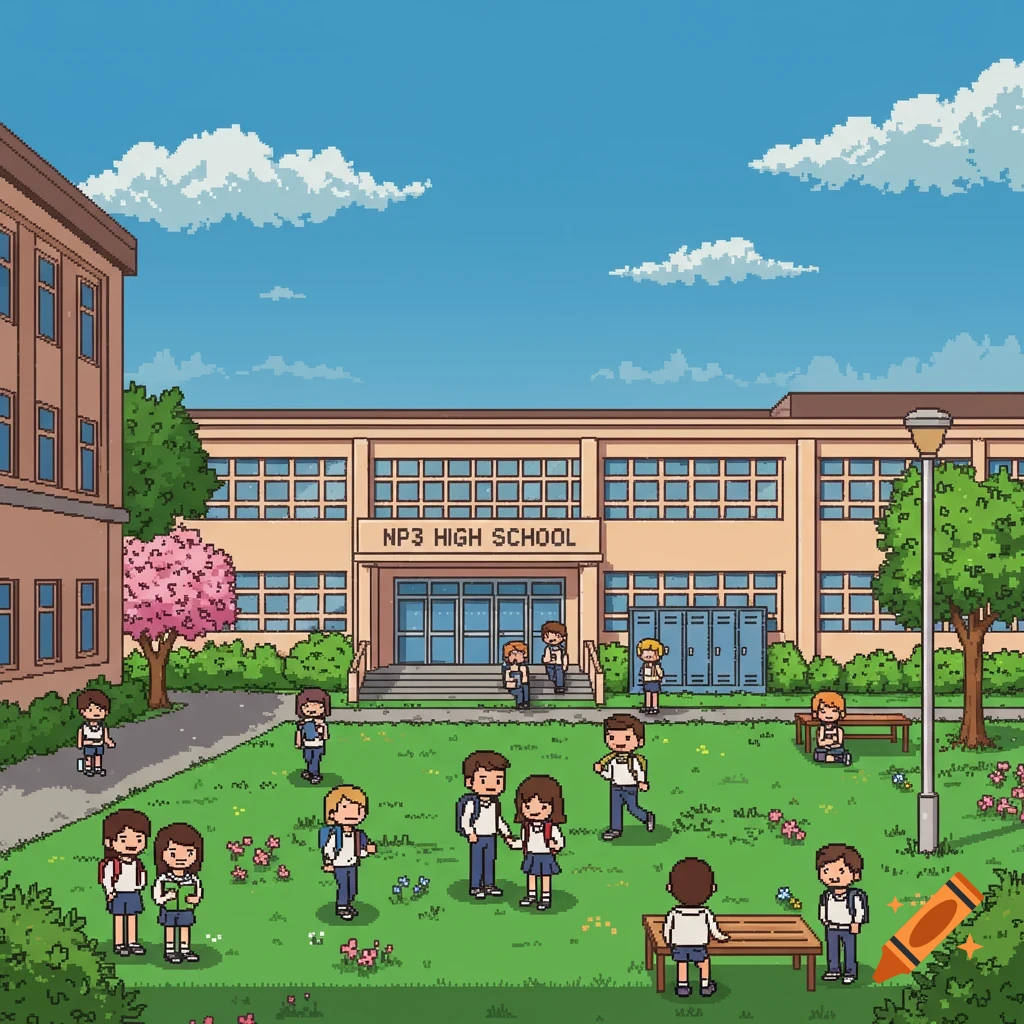 A colorful pixel art scene of a bustling high school campus with students on the lawn and in front of the building.