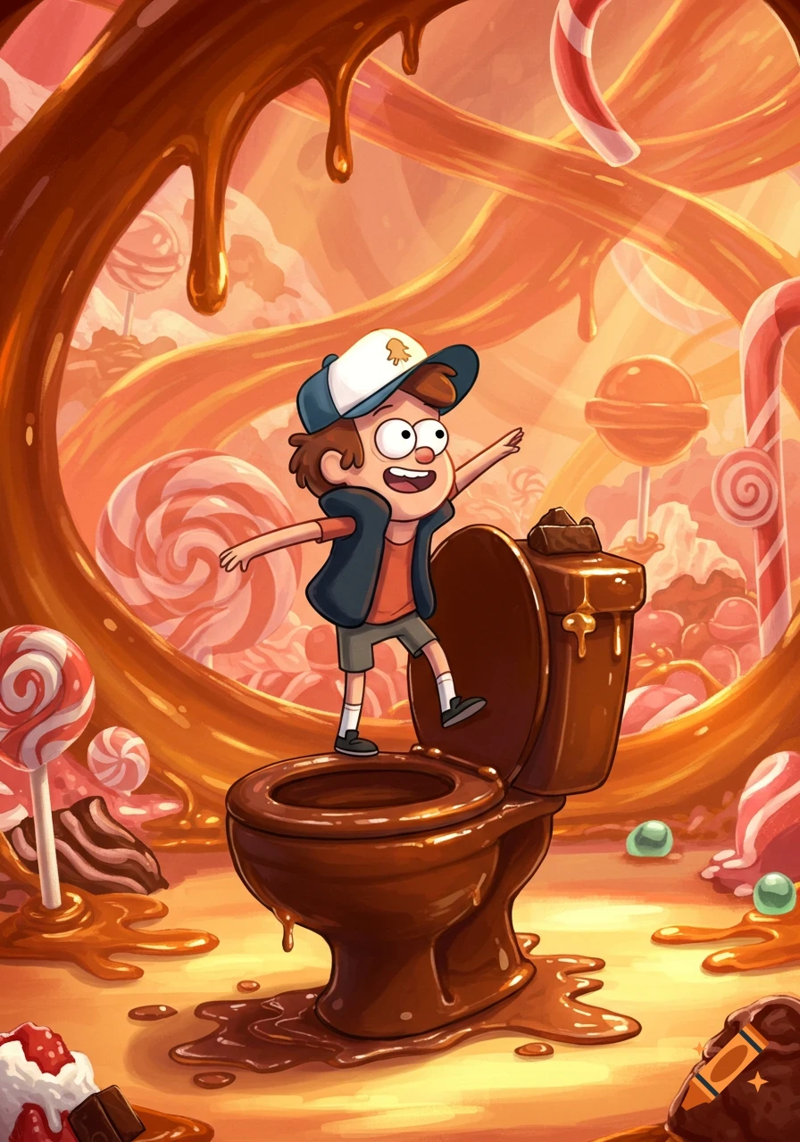 Cartoon illustration of Dipper from Gravity Falls balancing on a chocolate toilet in a landscape made of syrup and candy.