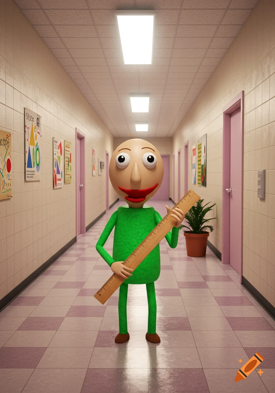 A 3D cartoon character, Baldi, with a bald head, big eyes, and red lips, wearing a green outfit, holds a large wooden ruler in a school hallway.
