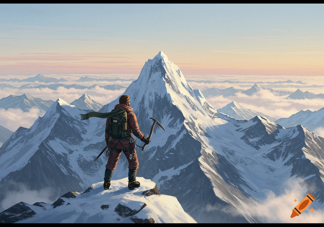 A lone mountaineer stands on a snowy peak, overlooking a vast mountain range at sunrise, in an illustrative style.