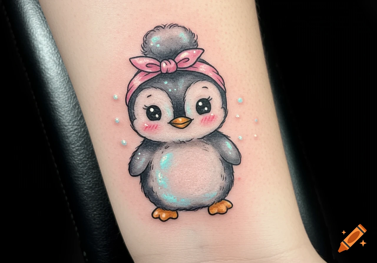 A cute cartoon penguin tattoo on an arm, with a pink headband, pink cheeks, and glittery accents.