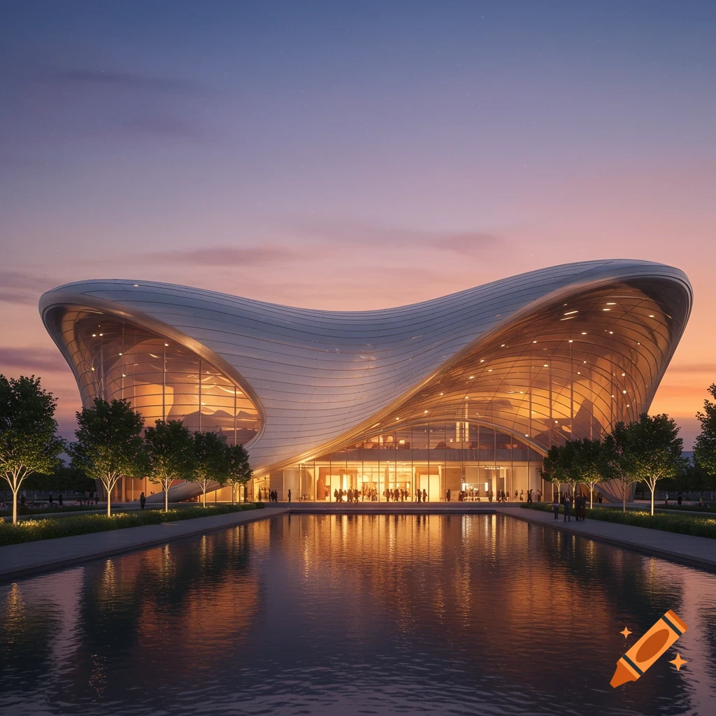 A modern, wavy, white building with large windows illuminated from within, reflected in a still pond at sunset.