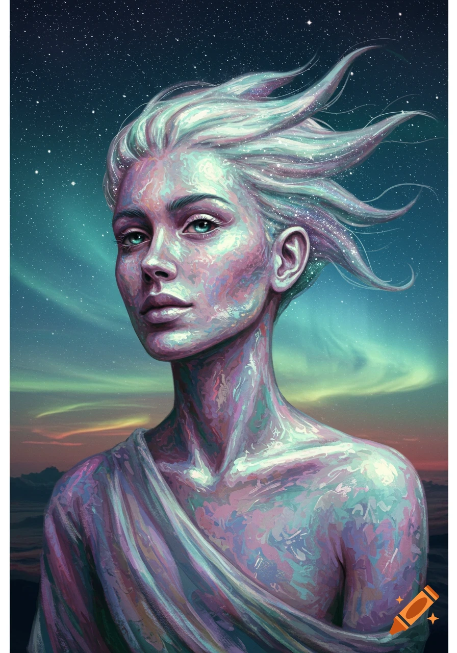 A stylized portrait of a woman with glowing, flowing hair and iridescent skin against a starry, aurora-filled night sky.