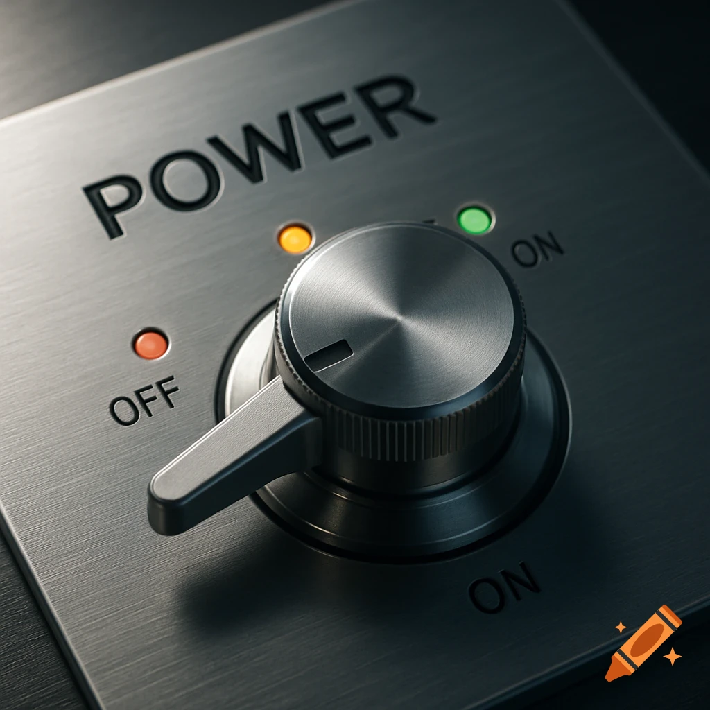 Close-up of a brushed metal control panel with a rotary switch, labeled "POWER", "OFF" (red light), and "ON" (green light).