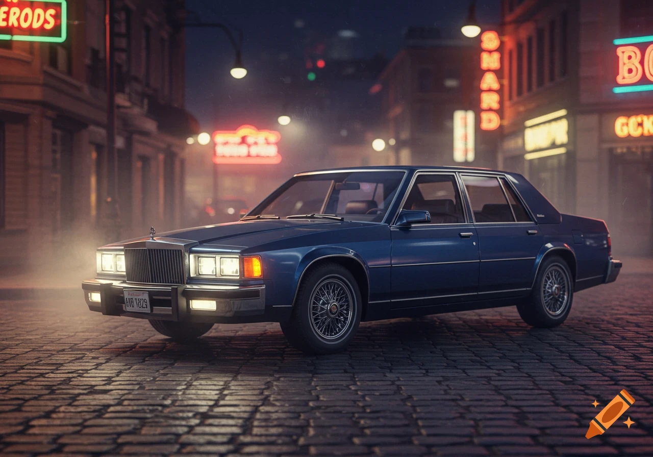 A dark blue vintage sedan with illuminated headlights parked on a wet cobblestone street at night, with blurry neon signs in the background.