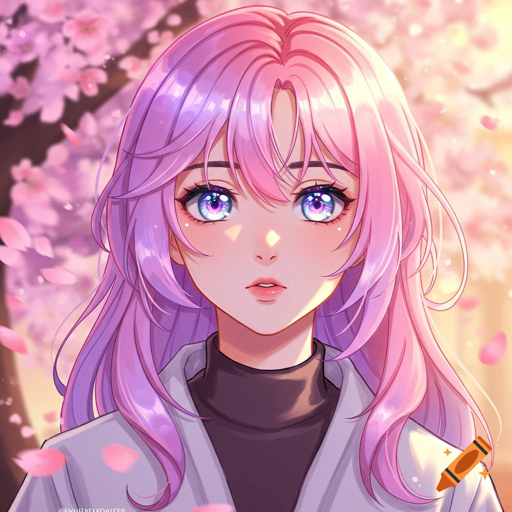 Anime girl with long pink and purple hair, big blue eyes, and blush, wearing a light shirt under a cherry blossom tree with falling petals.