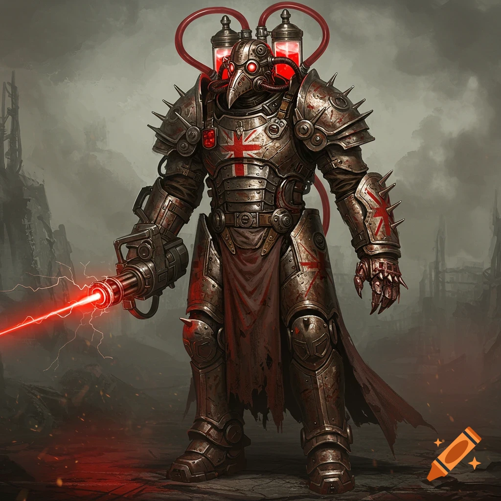 A heavily armored plague doctor-style figure in rusty power armor with glowing red tubes and a laser weapon in a desolate landscape.