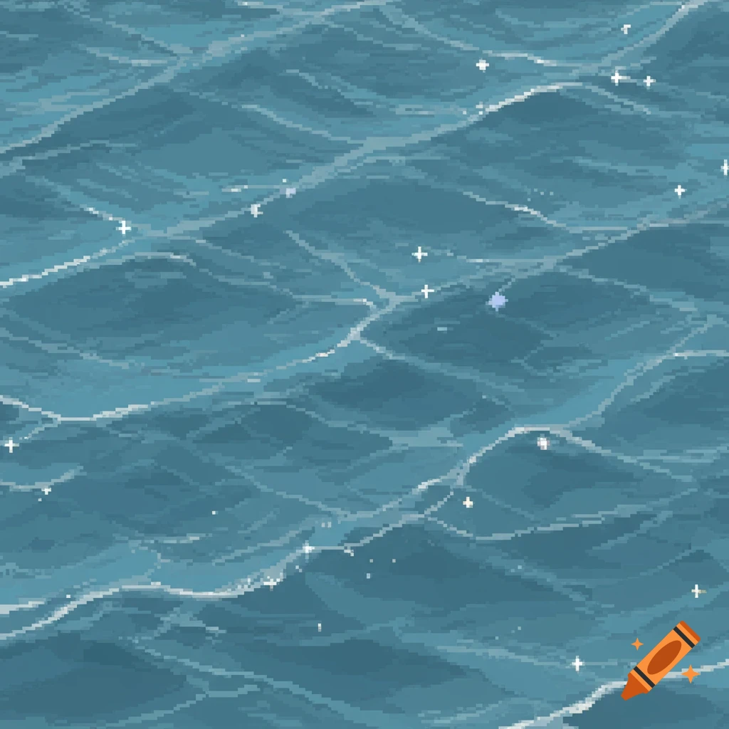 Close-up of blue and teal pixel art water with ripples and shimmering white reflections.