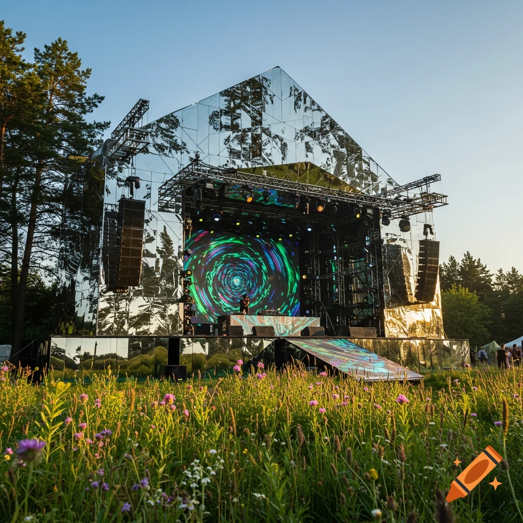 A large, mirrored outdoor rave stage with a colorful swirling screen, set in a field of wildflowers at sunset.