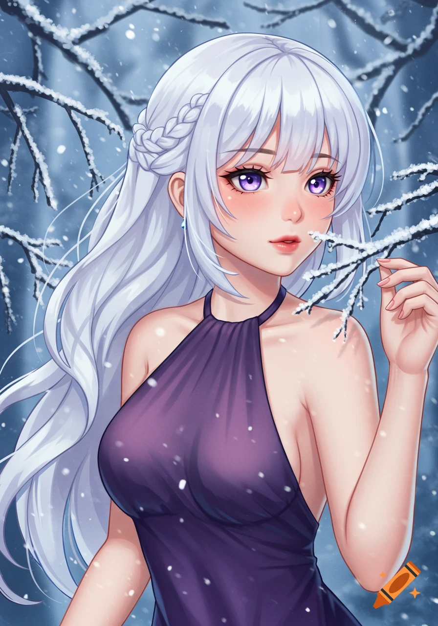 Anime girl with long white hair and purple eyes wearing a deep violet dress in a snowy forest, reaching for a branch.