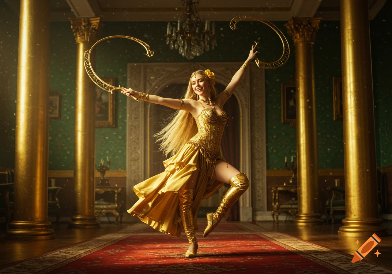 A graceful female dancer in a gold outfit and boots, holding ornate chakrams in a dynamic pose, inside a luxurious palace.