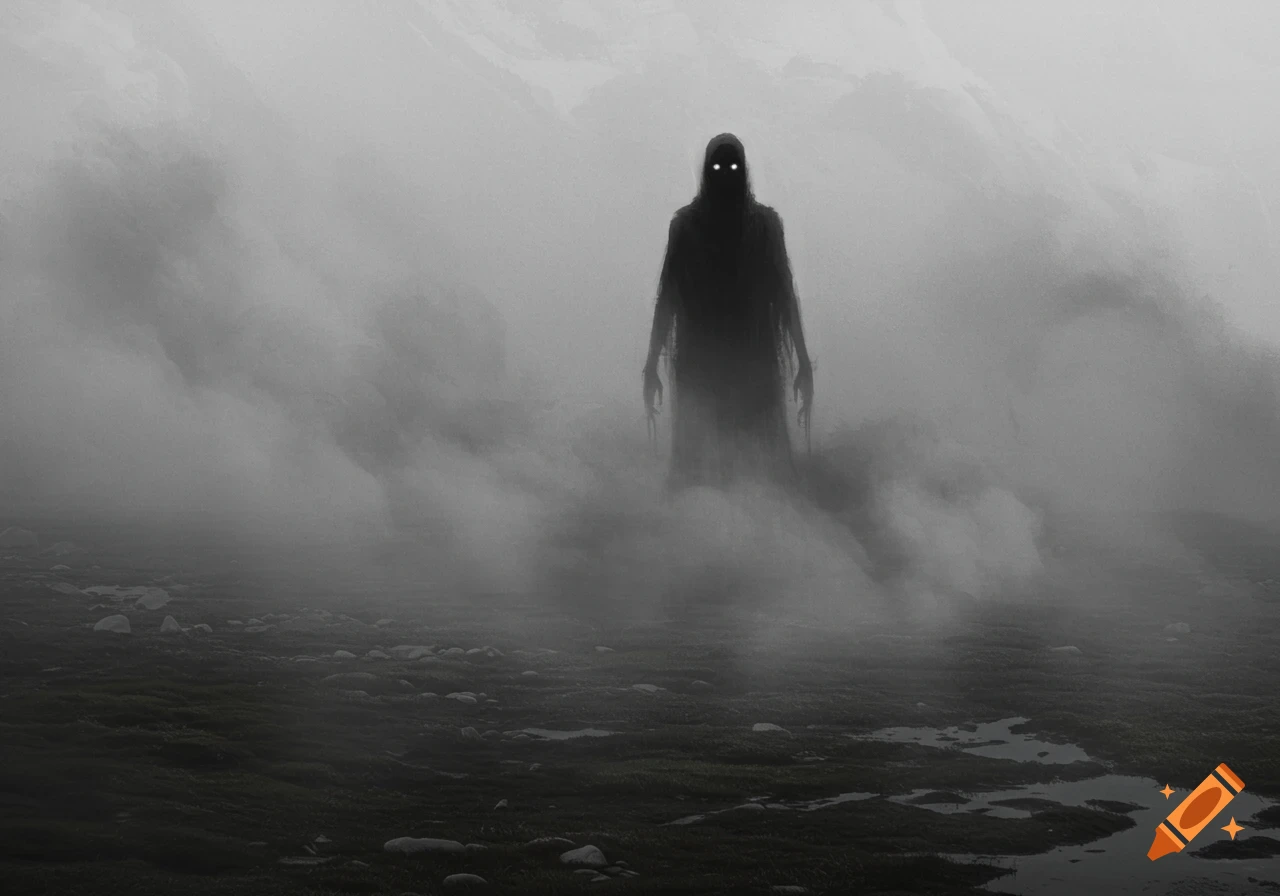 A shadowy, cloaked figure with glowing eyes stands in a dense, dark fog over a desolate, rocky landscape.