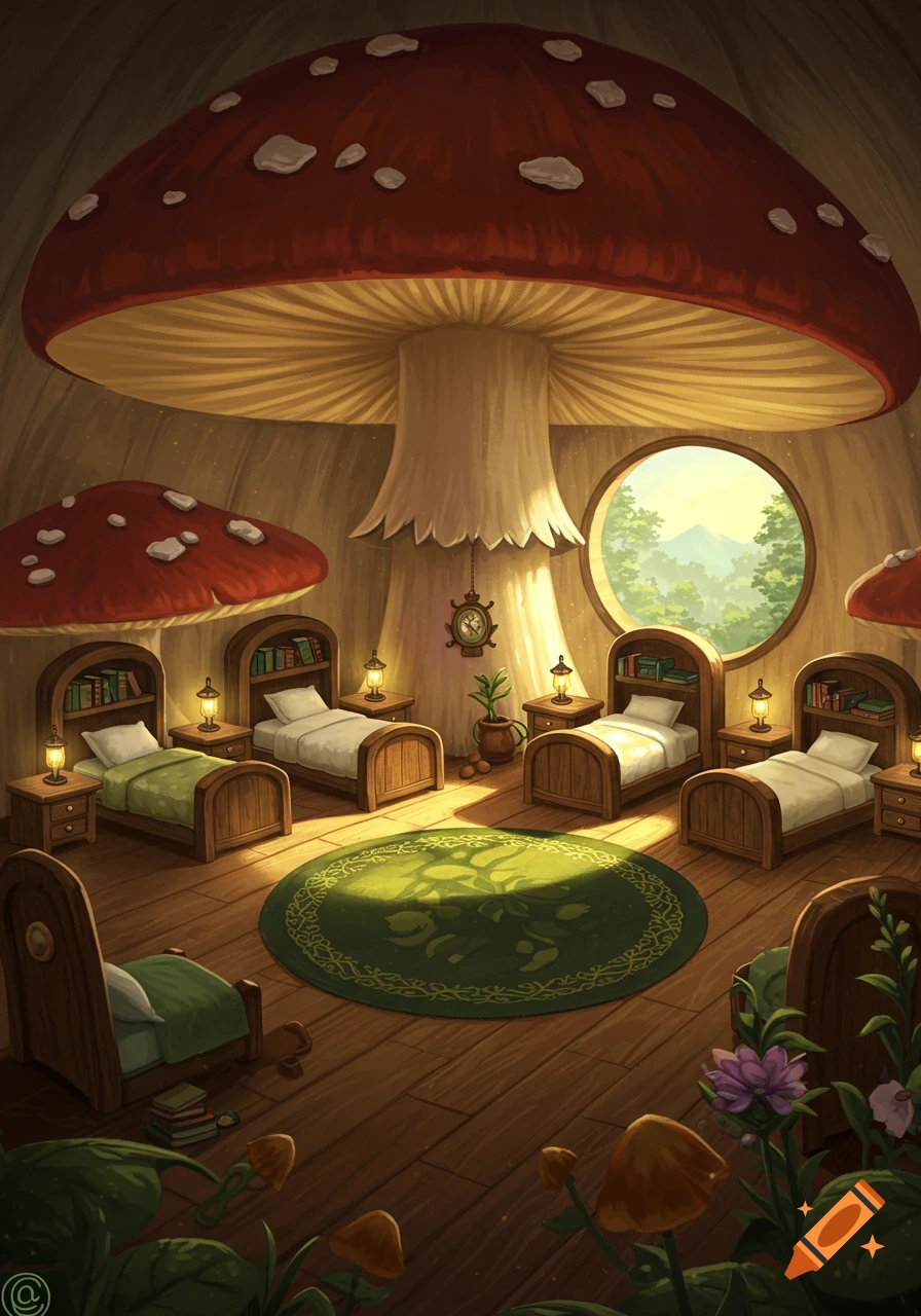 A cozy, whimsical bedroom inside a mushroom, featuring five small beds with bookshelves and nightstands, arranged around a green circular rug, illuminated by sunlight from a round window.