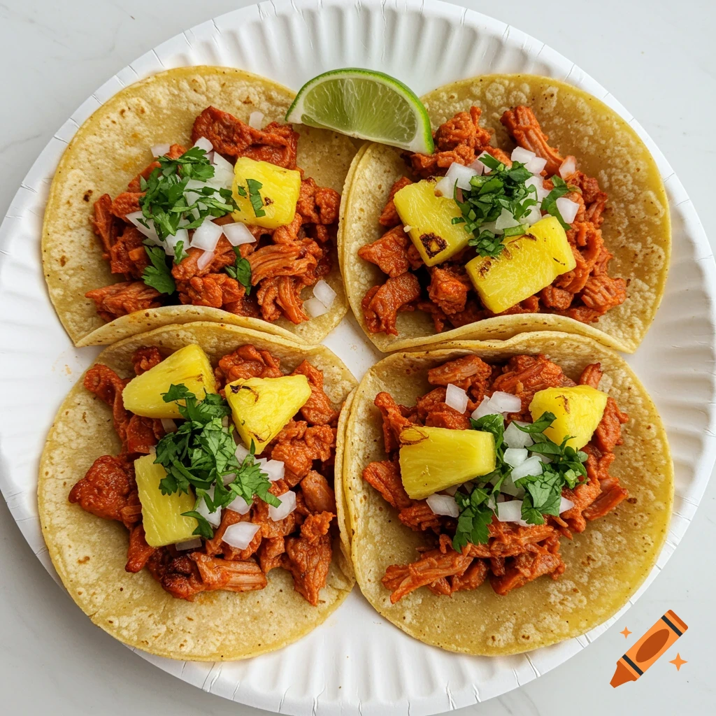 Four ultra-realistic al pastor tacos with grilled pineapple, onions, cilantro, and a lime wedge on a white paper plate, top-down view.