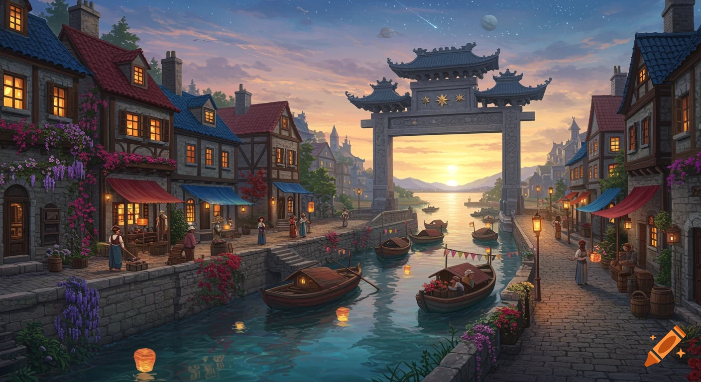 A vibrant fantasy riverside village at twilight, with colorful houses, a canal with boats, a large archway, and a starry sky.