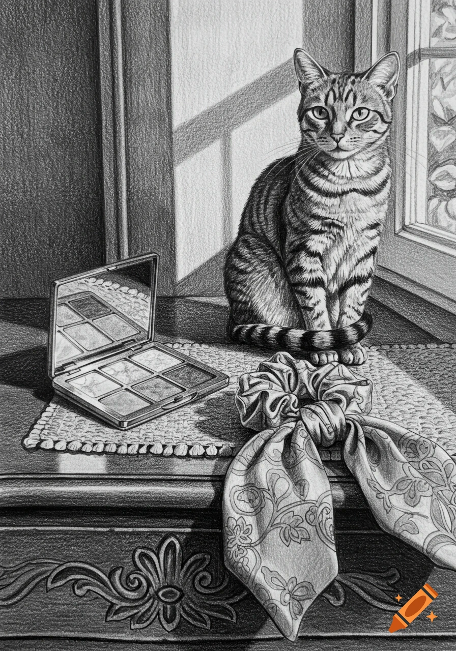 Pencil sketch of a tabby cat, an open makeup palette, and a patterned hair tie on a table bathed in sunlight.