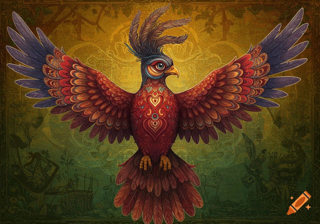 A vibrant, highly stylized bird with intricate patterns on its red and orange feathers, wings outstretched against a patterned green and gold background.