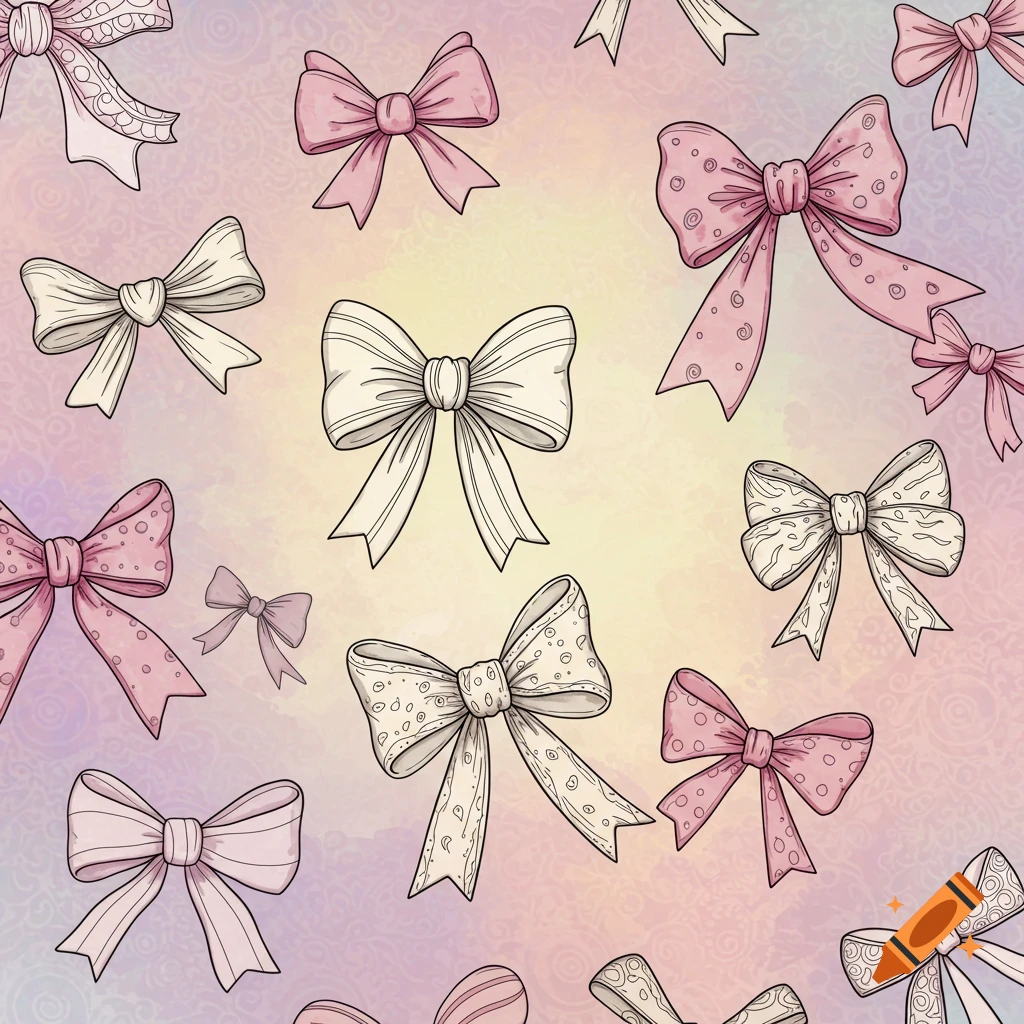A seamless pattern of decorative bows in shades of pink and cream on a soft, pastel background.