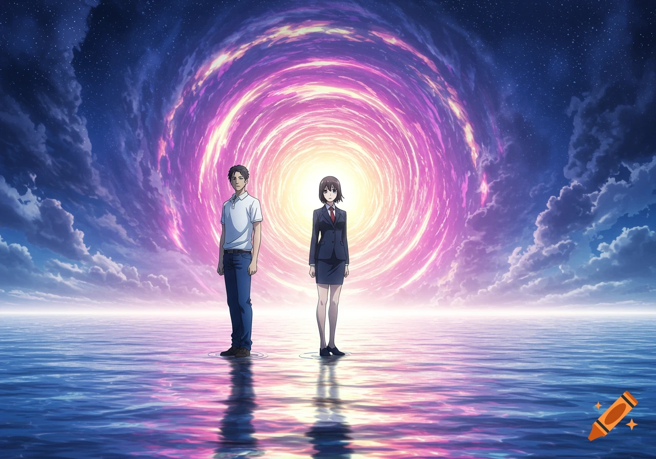 Anime style illustration of a man and woman standing on clear water, with a glowing pink and purple swirling vortex behind them.