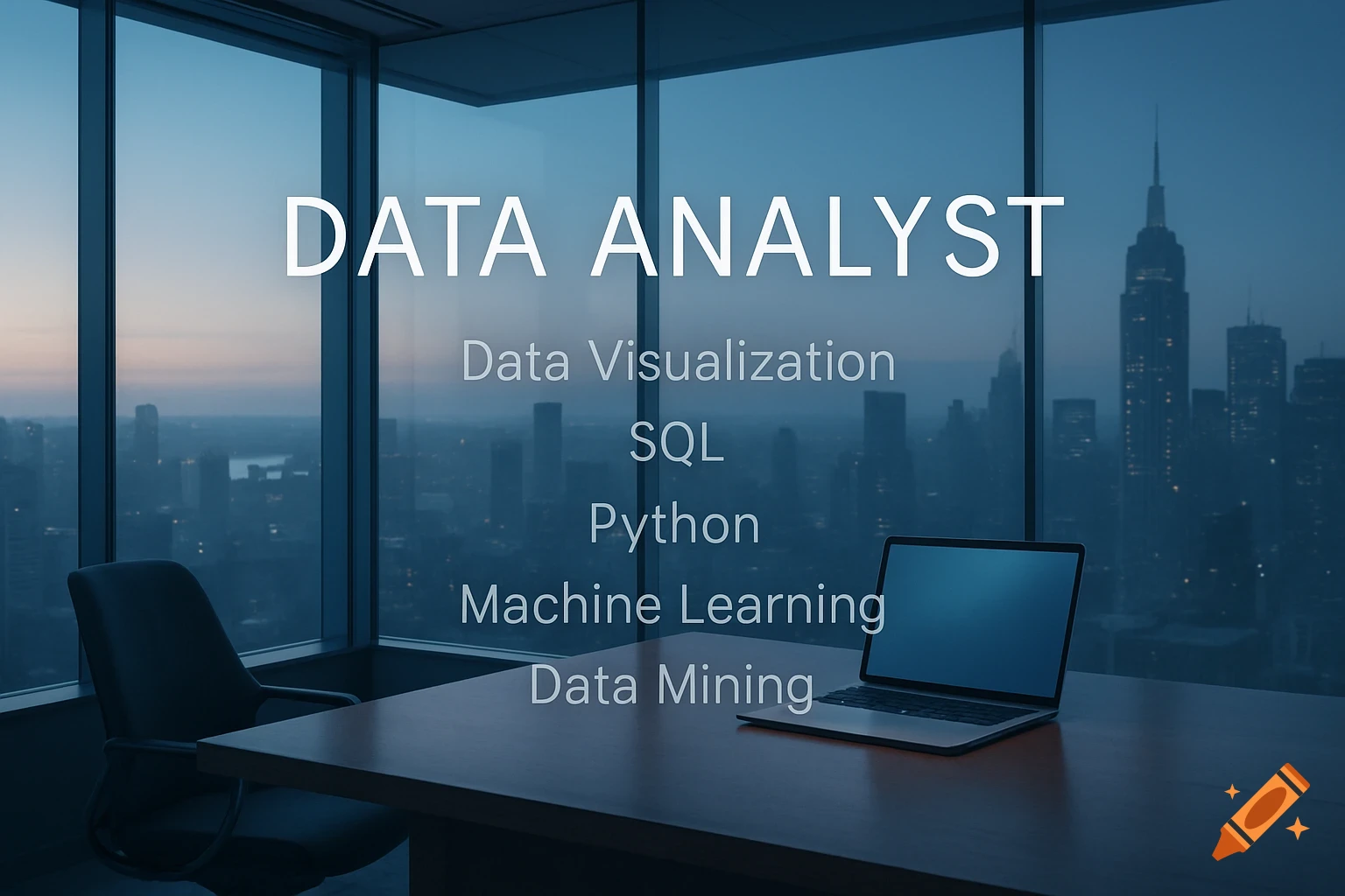 Modern office with desk, laptop, and city skyline view. Text 'DATA ANALYST' and key skills overlaid on window.