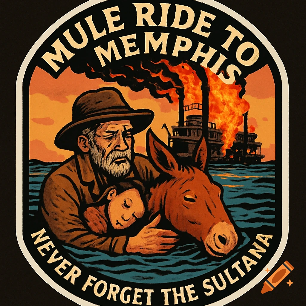 A retro-style illustration of a man and a mule floating in water with a burning steamboat in the background. Text reads 'Mule Ride to Memphis' and 'Never Forget the Sultana'.