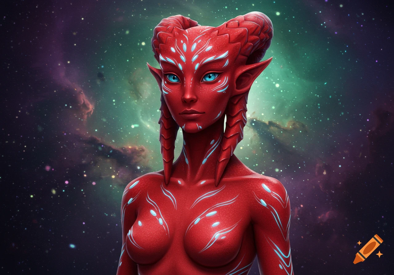 A red-skinned alien woman with horns, pointed ears, bright blue eyes, and intricate blue patterns on her body, against a galaxy background.