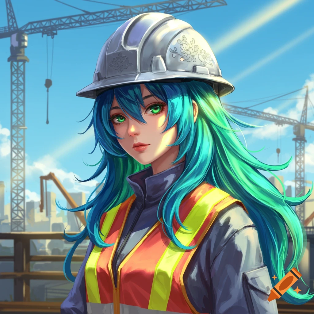 Anime girl with blue and green hair, white hard hat, and high-visibility vest at a sunny construction site.