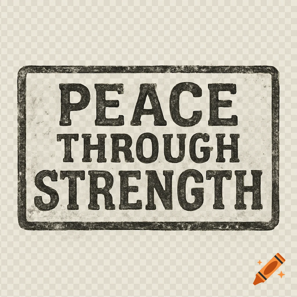 A distressed vintage-style rectangular stamp with the text 'PEACE THROUGH STRENGTH' in black on a white background, with a transparent border.
