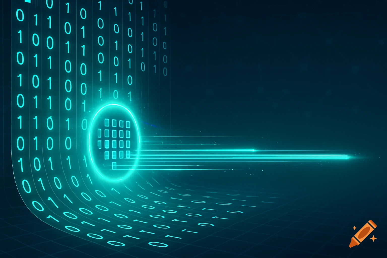 Abstract digital art with glowing binary code flowing towards a central grid, representing data stream reduction.