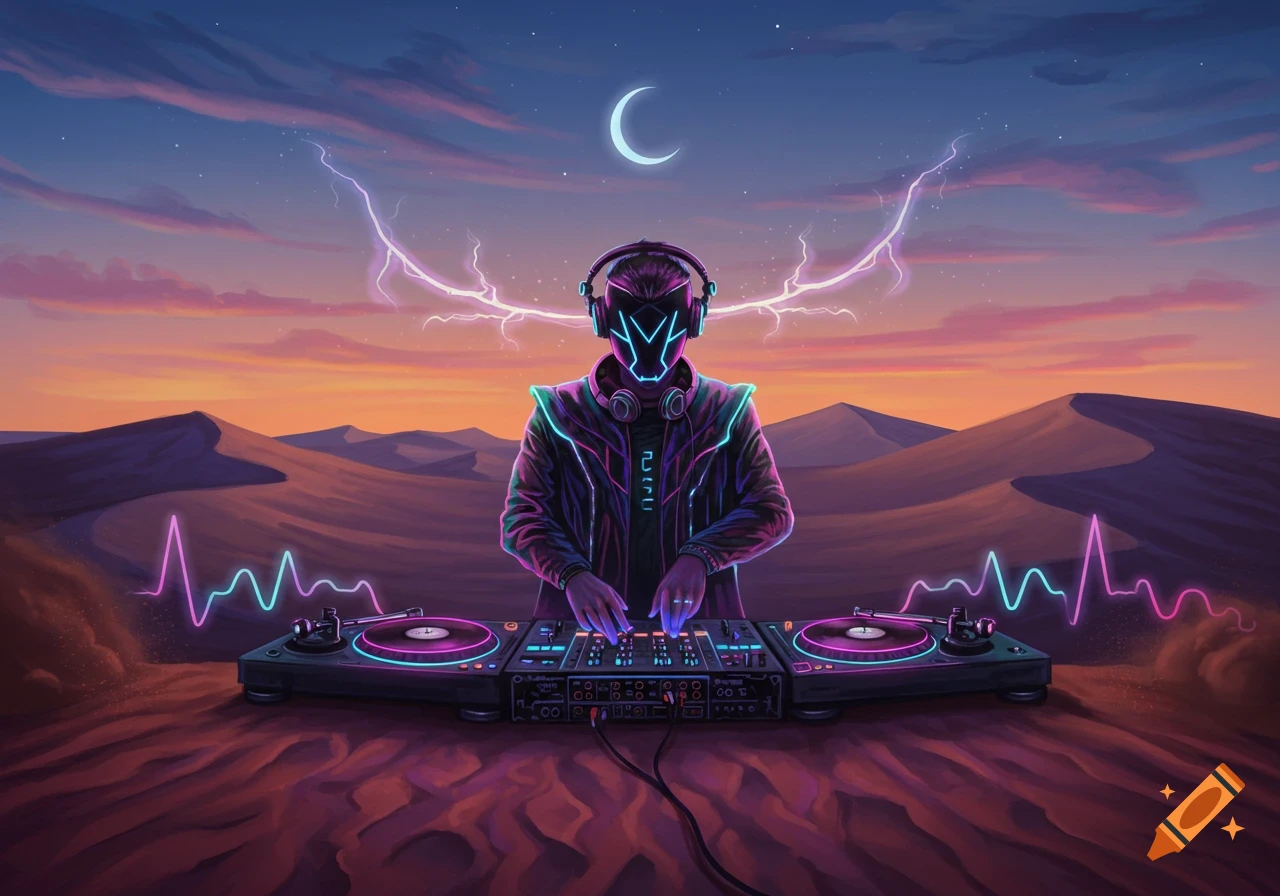 A stylized neon DJ with a glowing mask and headphones plays music on turntables in a desert at dusk, with pink and blue sound waves.