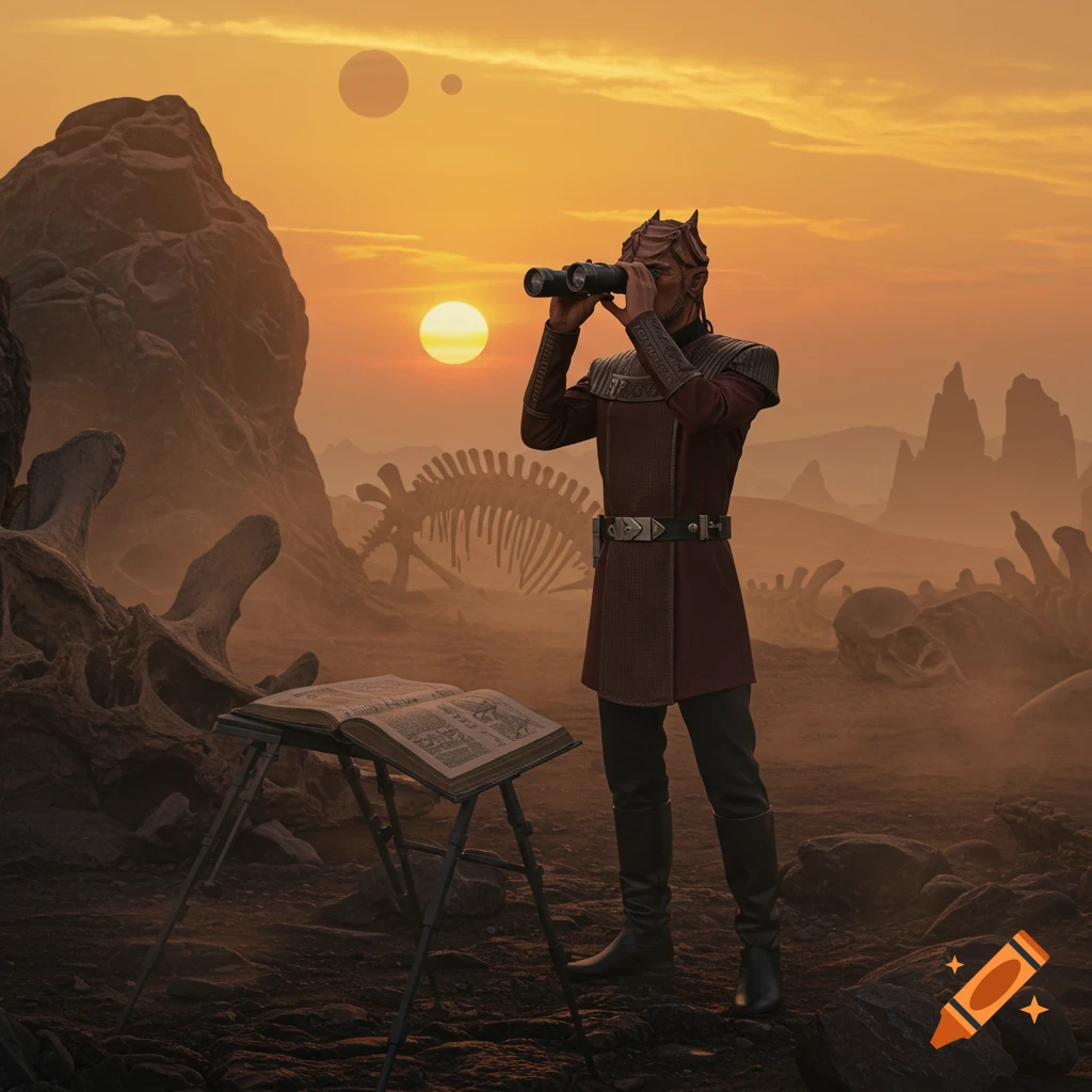 A humanoid alien in a maroon uniform looks through binoculars at a desert alien landscape with giant skeletons, two moons, and an open book.