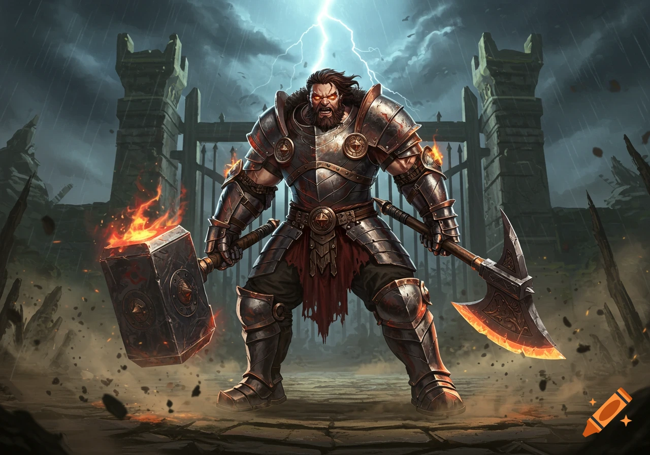 Heavily armored fantasy warrior with a flaming war hammer and great axe, standing before a ruined gate under a lightning storm.