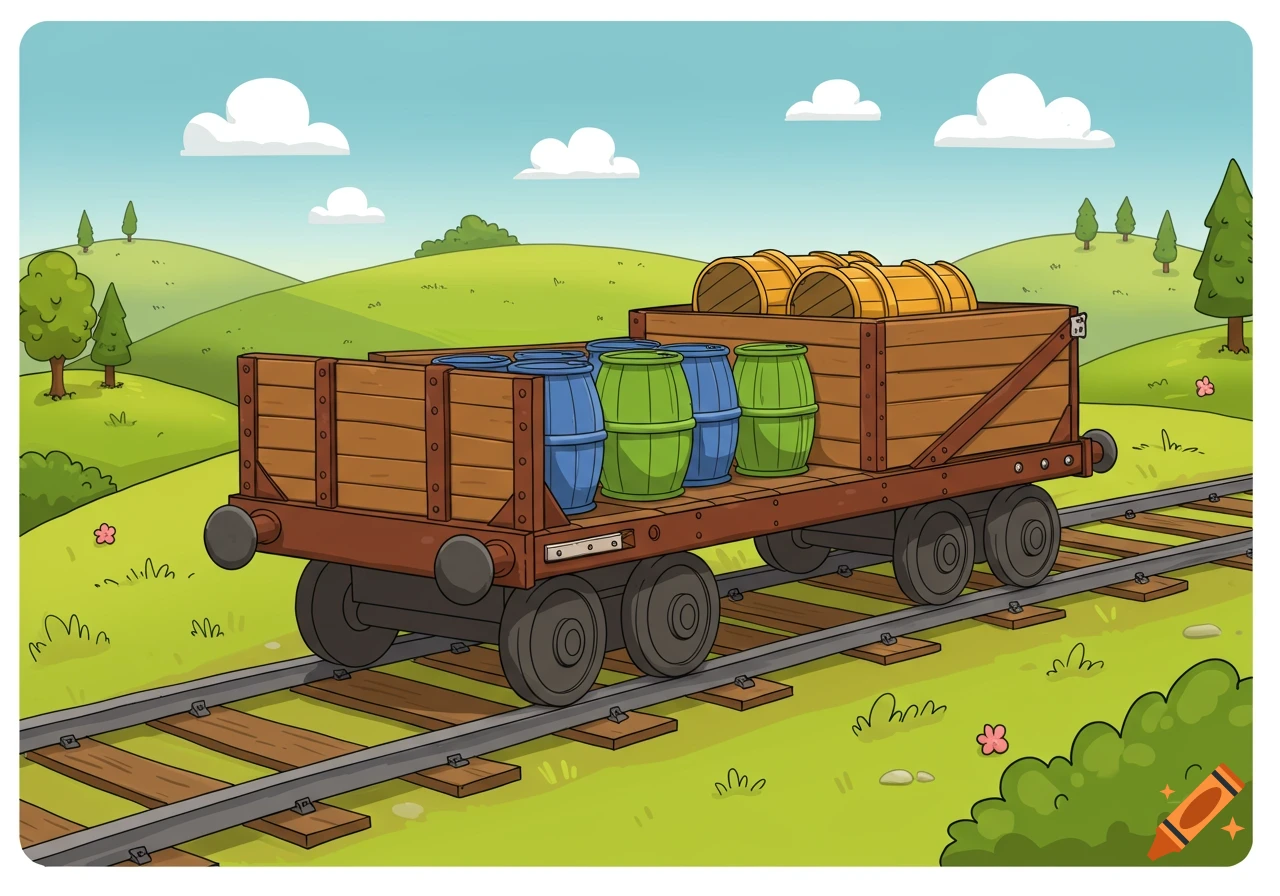 A cartoon train flatbed car, loaded with blue, green, and wooden barrels, travels on tracks through a green, hilly landscape under a blue sky.