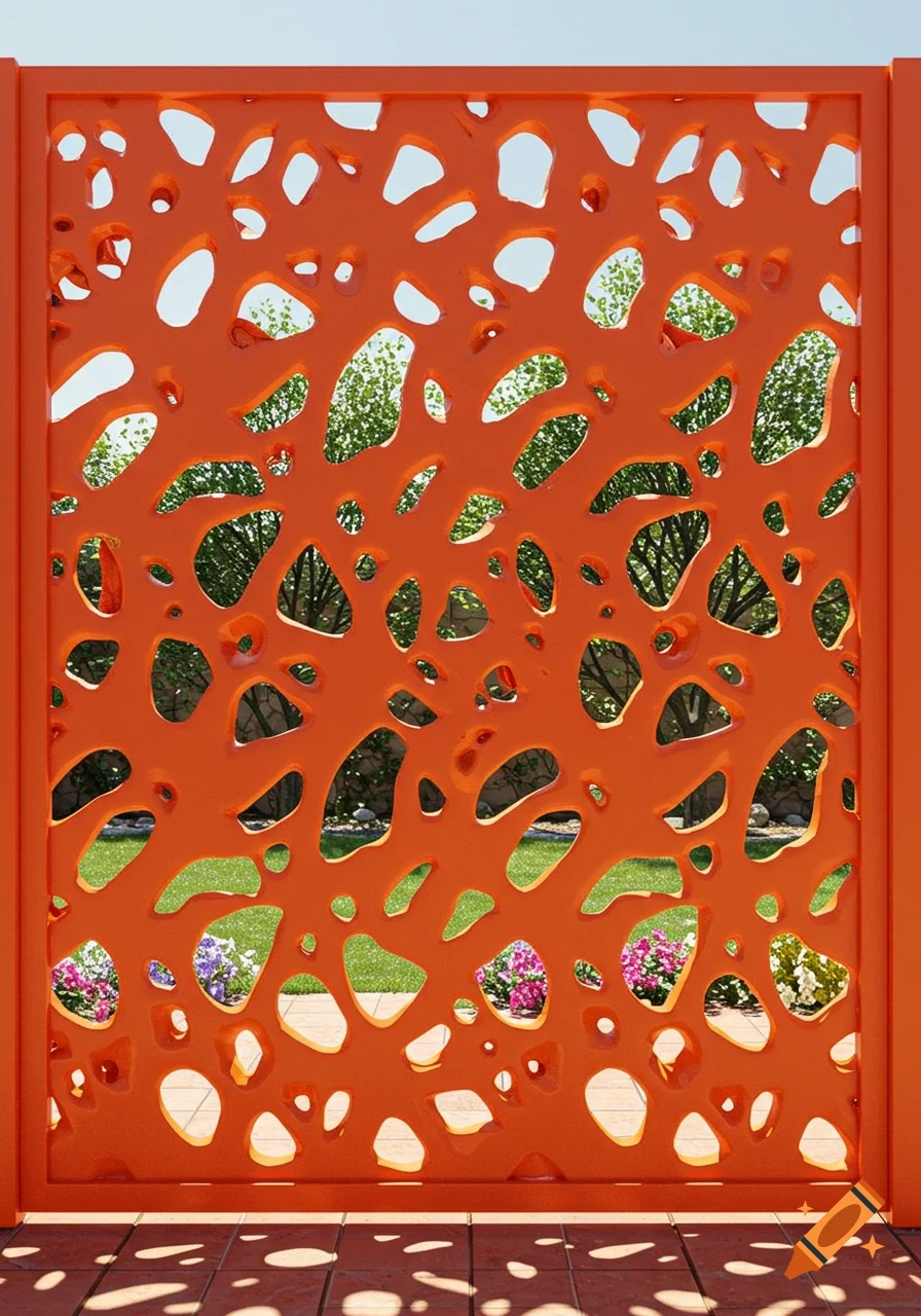 Bright orange fence with organic-shaped holes revealing green trees, flowers, and sky in a garden setting, casting dappled shadows.