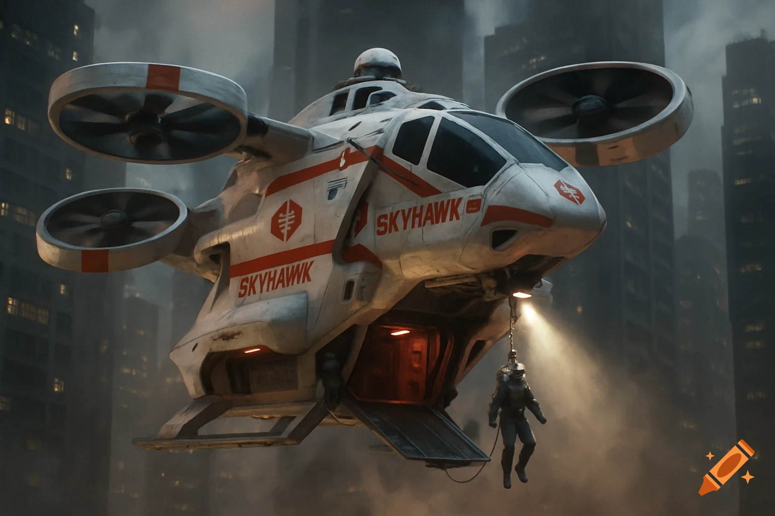 A photorealistic image of a white futuristic VTOL aircraft with "SKYHAWK" written on its side, lowering a person over a city.