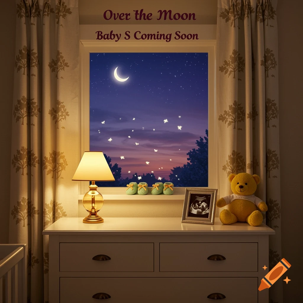 A cozy nursery at night with a crescent moon and stars visible through the window. On the dresser are a lamp, baby booties, an ultrasound photo, and a teddy bear. Text says "Over the Moon Baby S Coming Soon."
