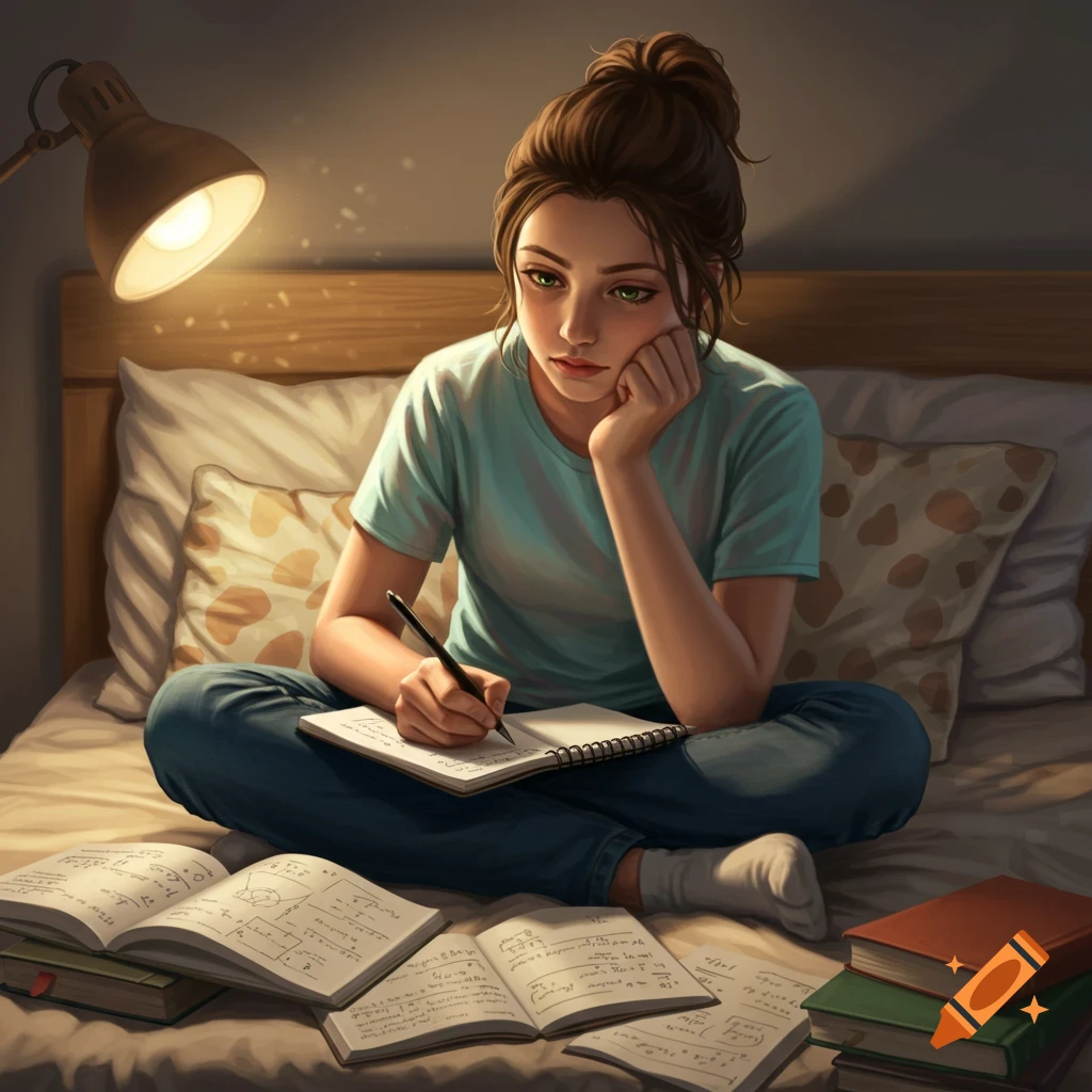 A teenage girl with brown hair in a bun sits on her bed at night, writing in a notebook surrounded by open textbooks under the warm light of a desk lamp.