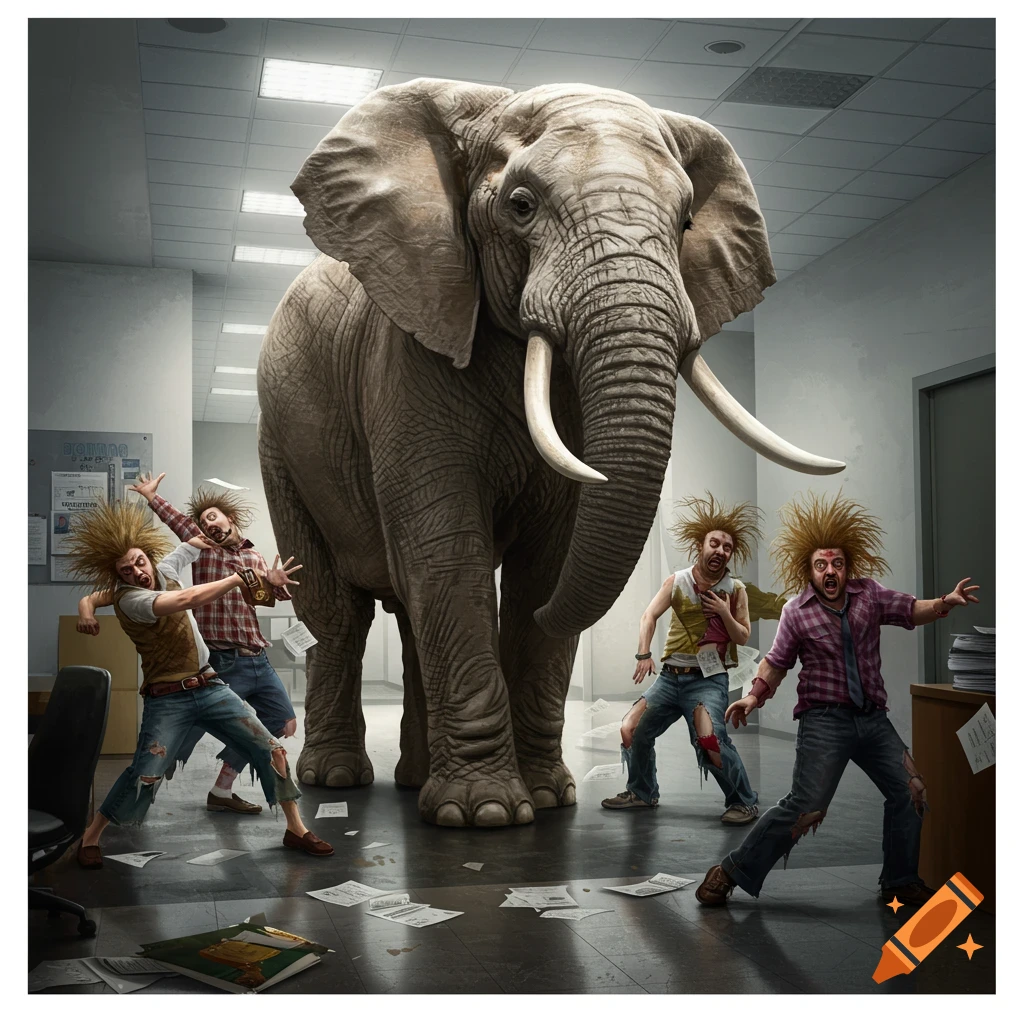 A large African elephant stands in a chaotic office foyer while four disheveled, wild-haired men react in fear.