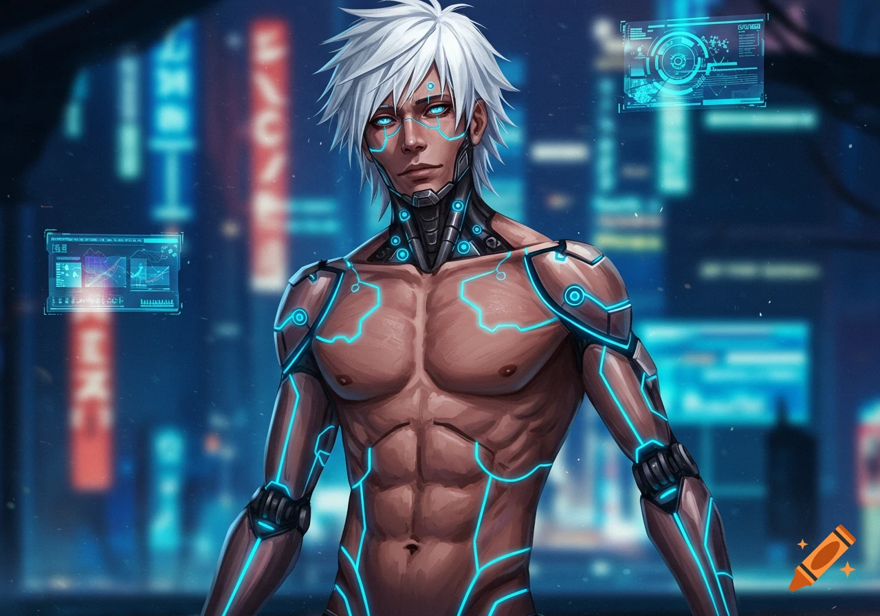 Anime-style cybernetic man with white hair and glowing blue lines on his body, standing against a futuristic cityscape.