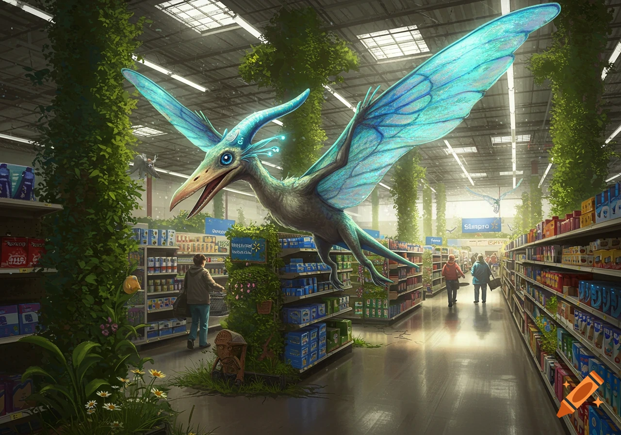 A large, teal pterodactyl with glowing blue accents and butterfly-like wings flies through a grocery store with overgrown plants, observed by shoppers.