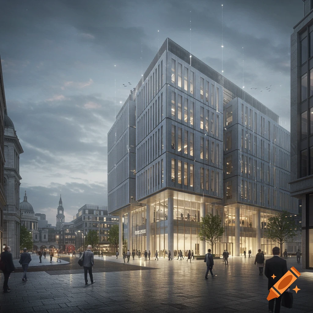 Photorealistic image of a modern concrete and glass office building in a city square at dusk with people walking. Classical buildings in background.
