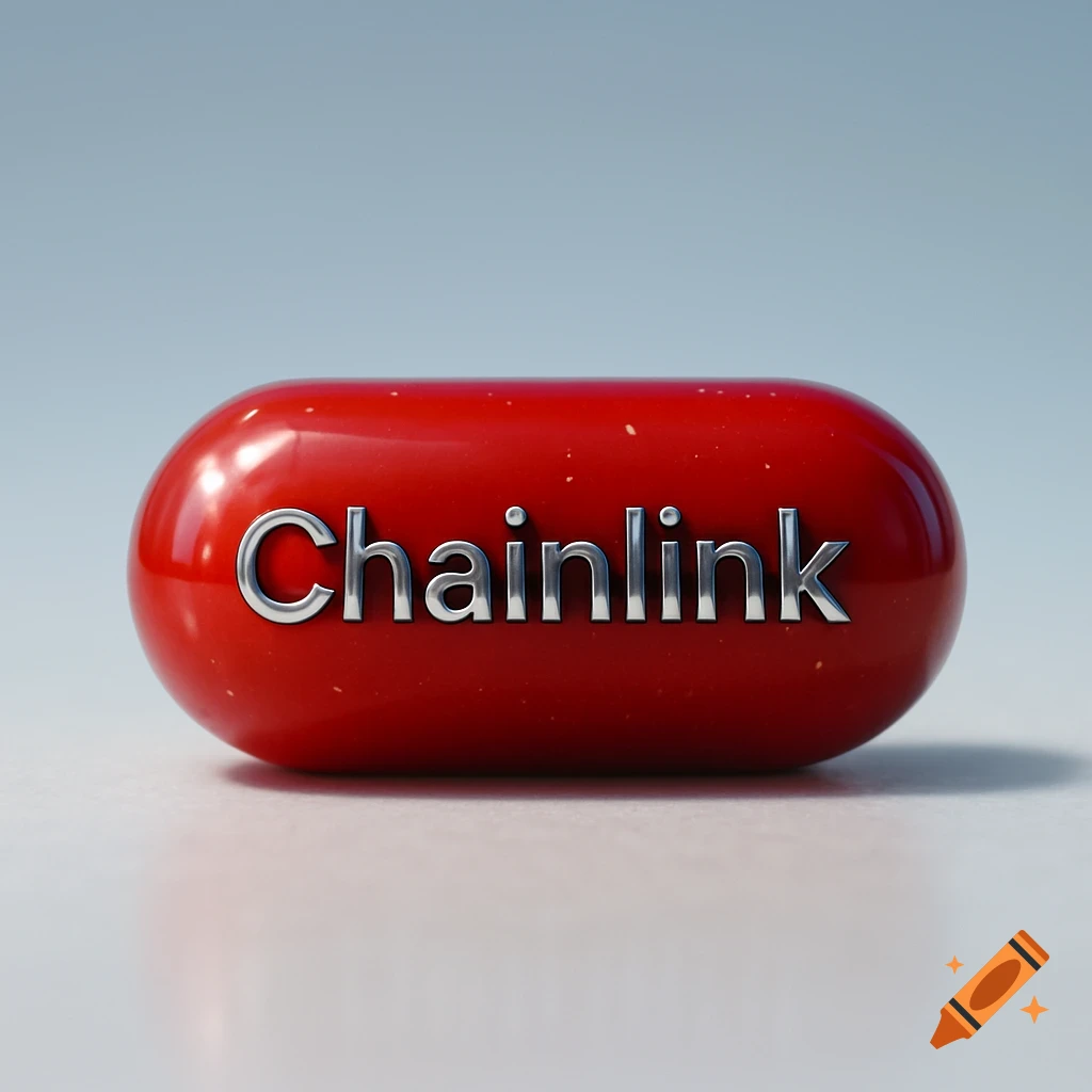 A close-up of a glossy red capsule or pill with the word "Chainlink" in silver letters across its center, against a light blue and white background.